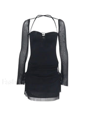 Mesh Tie Strap Halter Long Sleeve Mini Dress Mini Dresses