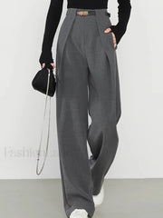Middle Waist Solid Trendy Pocket Straight Leg Pants Pants