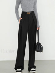 Middle Waist Solid Trendy Pocket Straight Leg Pants Black / XS Pants