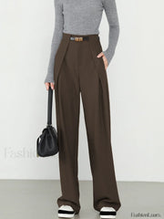 Middle Waist Solid Trendy Pocket Straight Leg Pants Dark Brown / XS Pants
