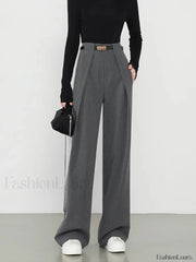 Middle Waist Solid Trendy Pocket Straight Leg Pants Grey / XS Pants