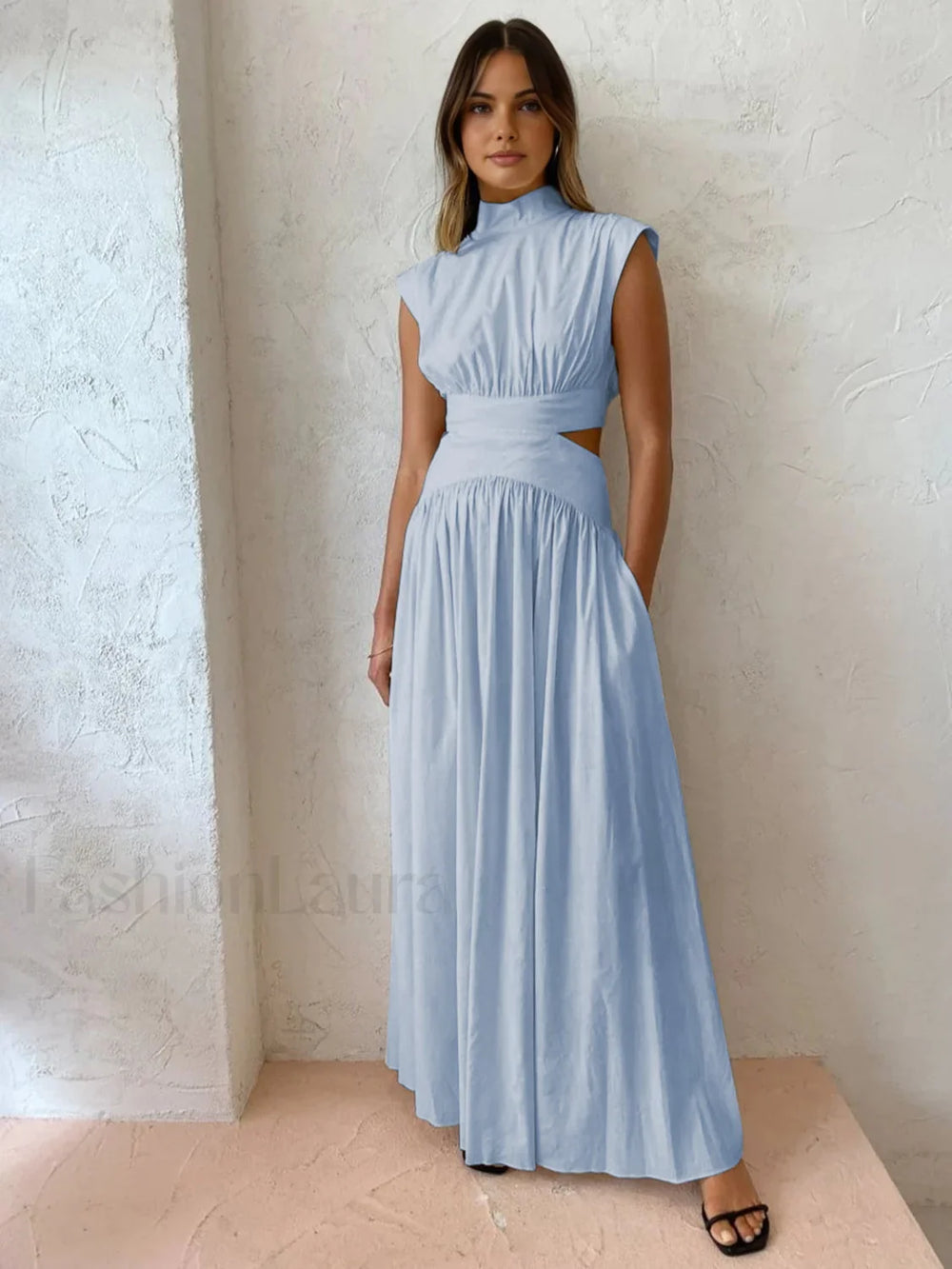 Mock Neck Cut Trendy Out Long Dress LightBlue / XS Dresses
