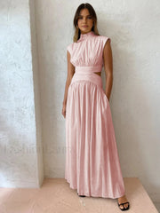 Mock Neck Cut Trendy Out Long Dress Pink / XS Dresses