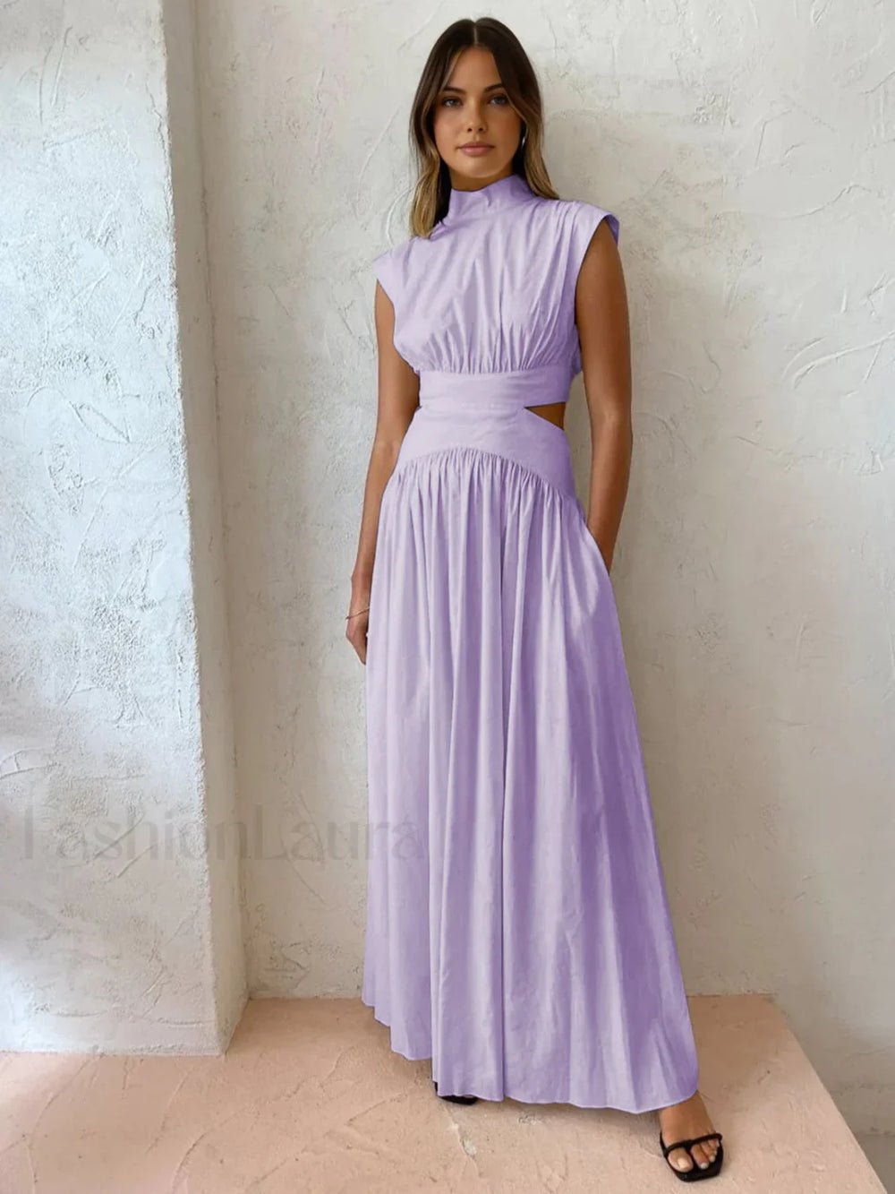 Mock Neck Cut Trendy Out Long Dress Purple / XS Dresses