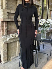 Mock Neck Piping Trendy Split Maxi Dress Black / S Dresses