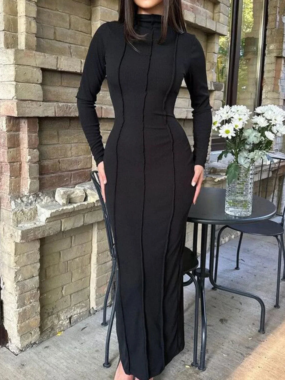 Mock Neck Piping Trendy Split Maxi Dress Black / S Dresses