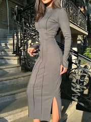 Mock Neck Piping Trendy Split Maxi Dress Dresses