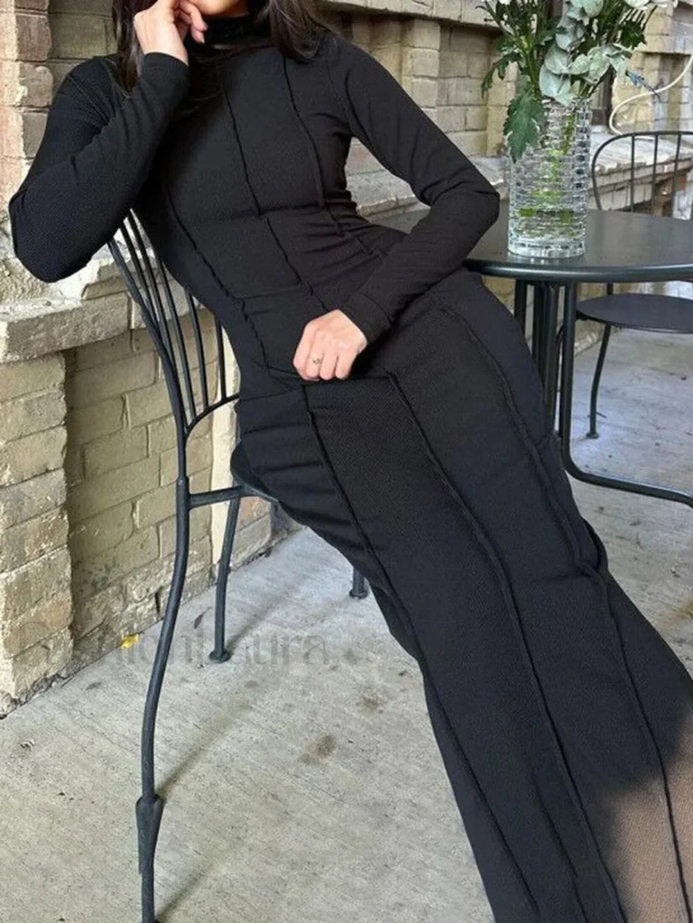 Mock Neck Piping Trendy Split Maxi Dress Dresses