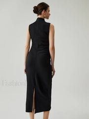 Mock Neck Sleeveless Trendy Split Ruched Long Dress Dresses