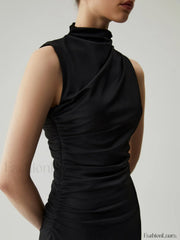 Mock Neck Sleeveless Trendy Split Ruched Long Dress Dresses