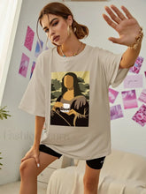 Mona Lisa Drinking Coffee Casual Hip Hop T Shirt Khaki / S