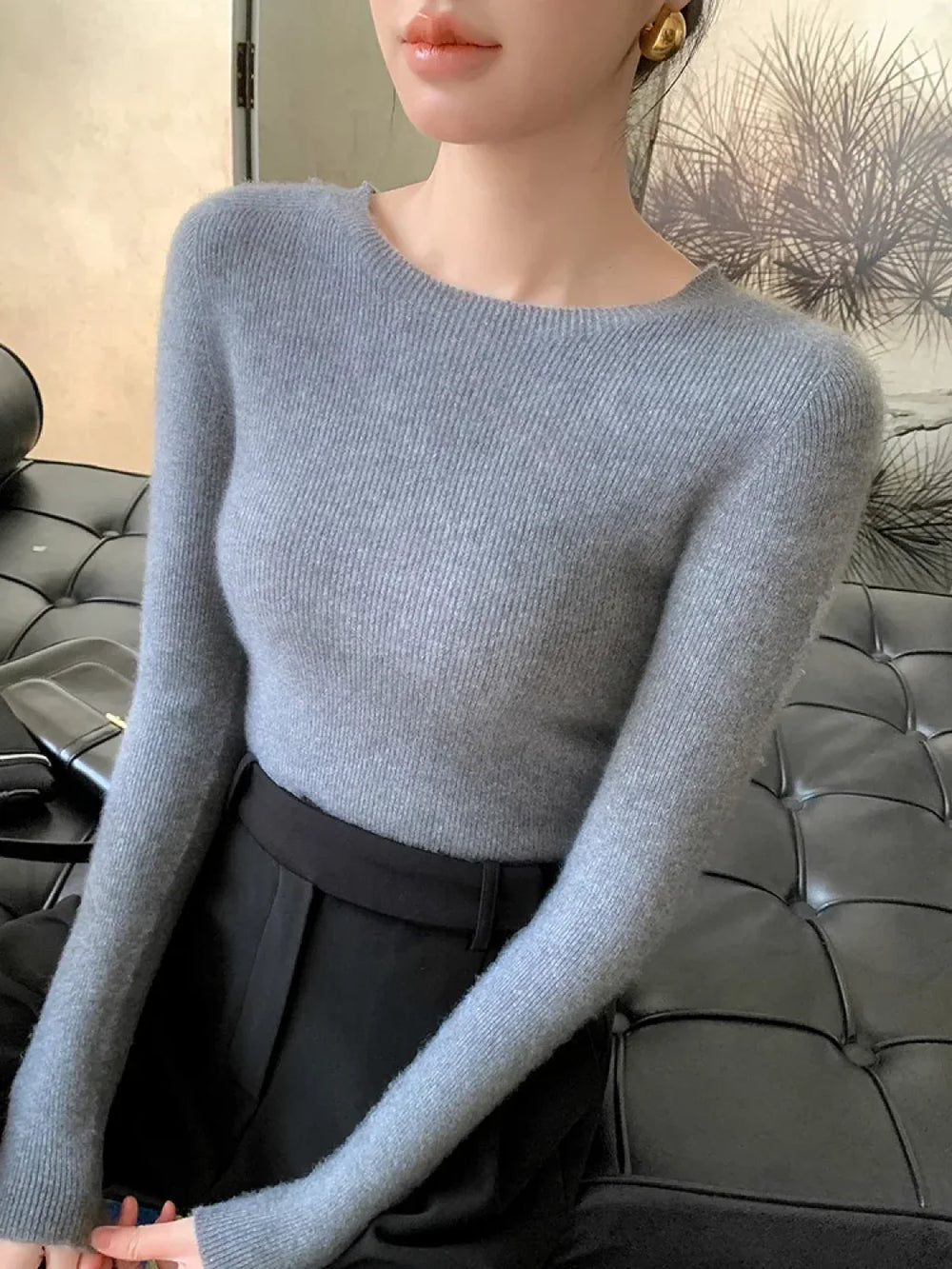 New Fashion Women’s Slim O neck Half Sleeve Pullover Solid Color Merino Wool Sweater Sweaters L