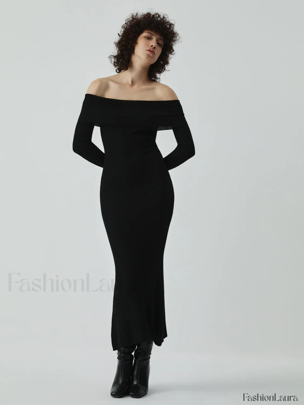 Nostalgia Off Shoulder Long Modern Sleeve Long Sweater Dress Black / XS Sweaters L