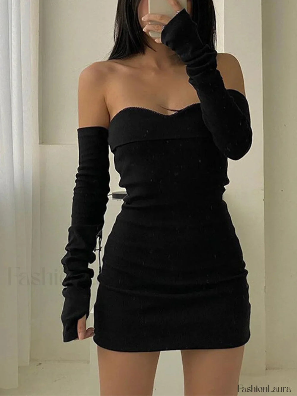Off Shoulder Long Sleeve Mini Dress Black / S Mini Dresses