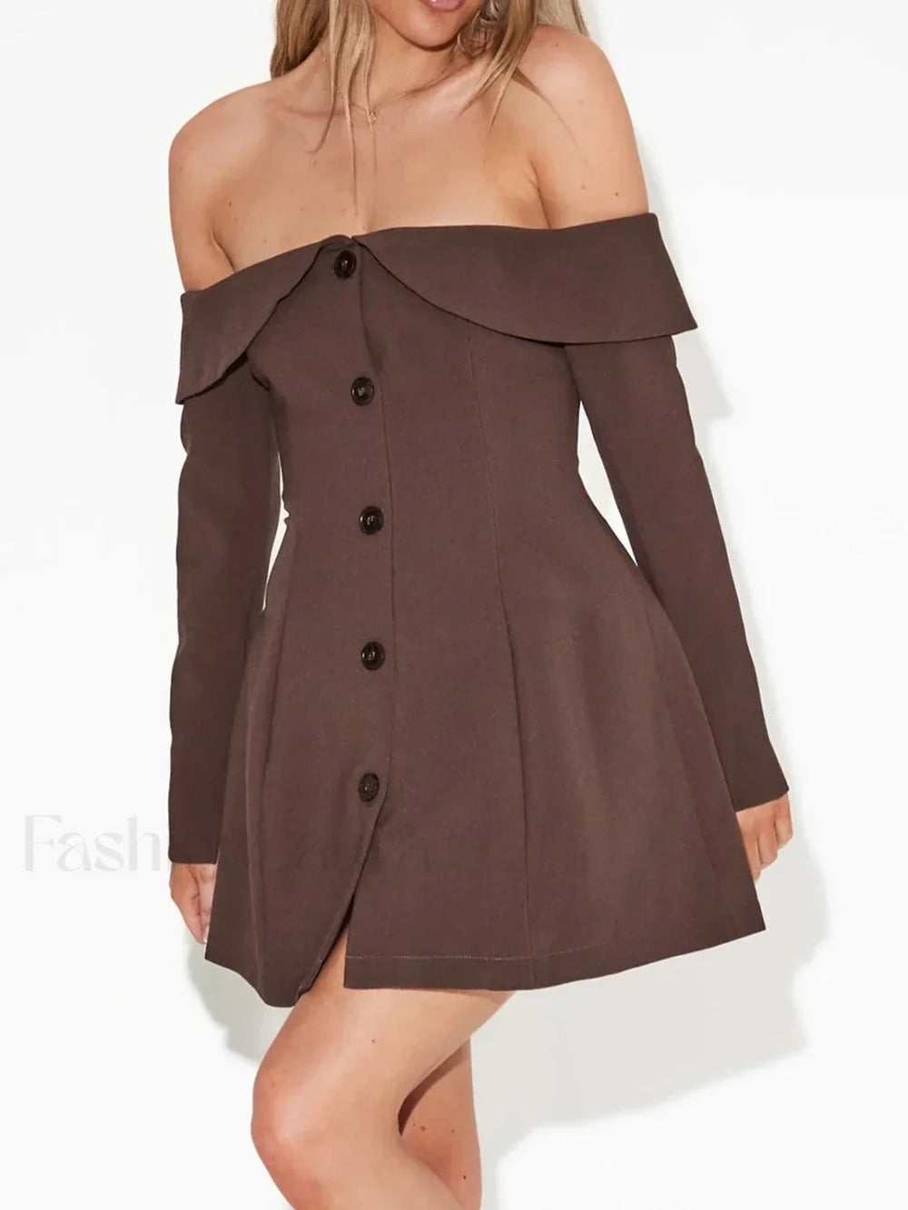 Off Shoulder Long Sleeve Modern Button Zip Mini Dress Dresses