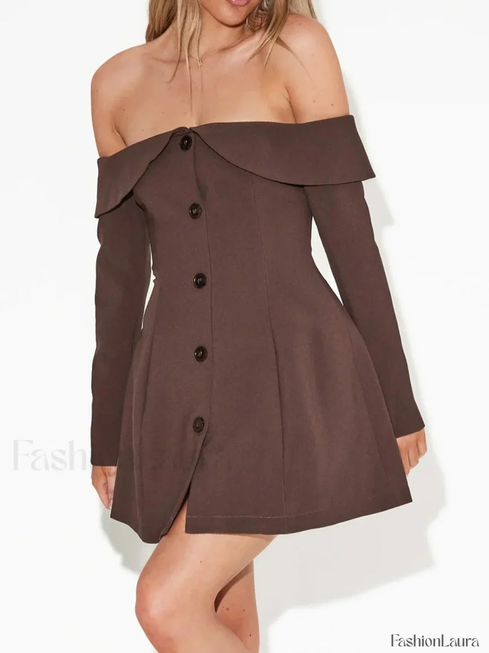 Off Shoulder Long Sleeve Modern Button Zip Mini Dress Dresses