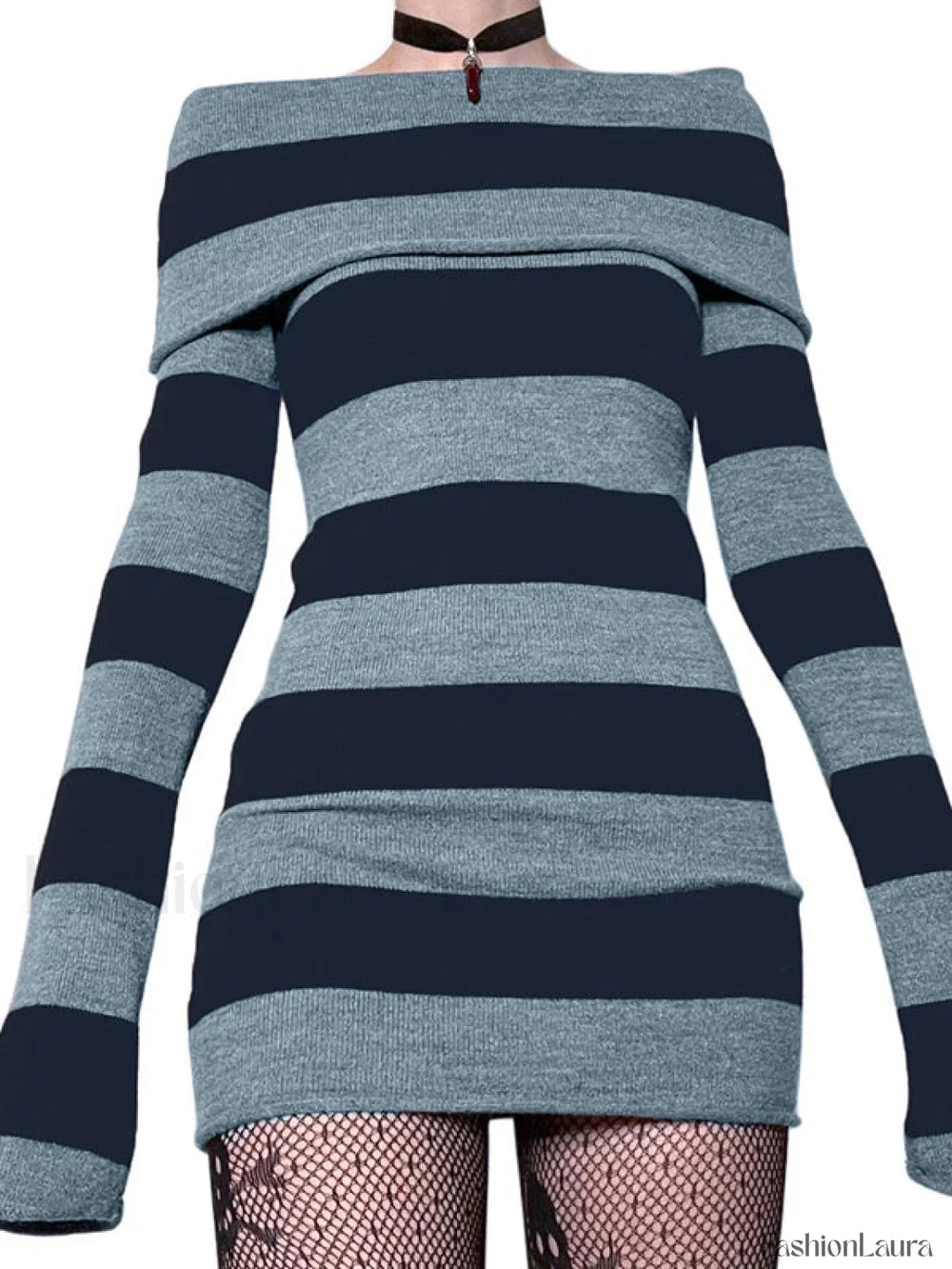 Off Shoulder Long Sleeve Striped Knit Mini Dress Blue / S Mini Dresses