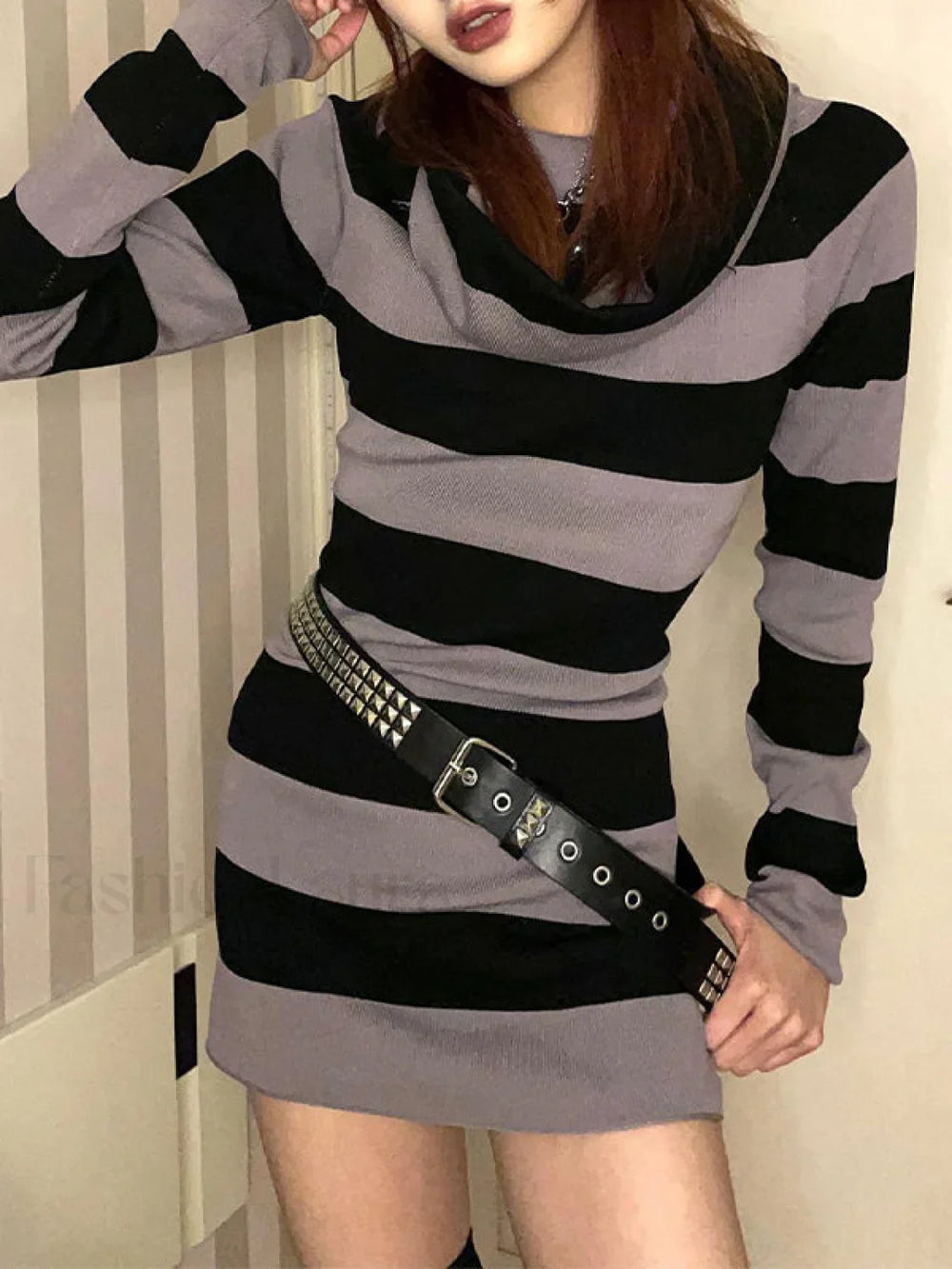 Off Shoulder Long Sleeve Striped Knit Mini Dress Black / S Mini Dresses