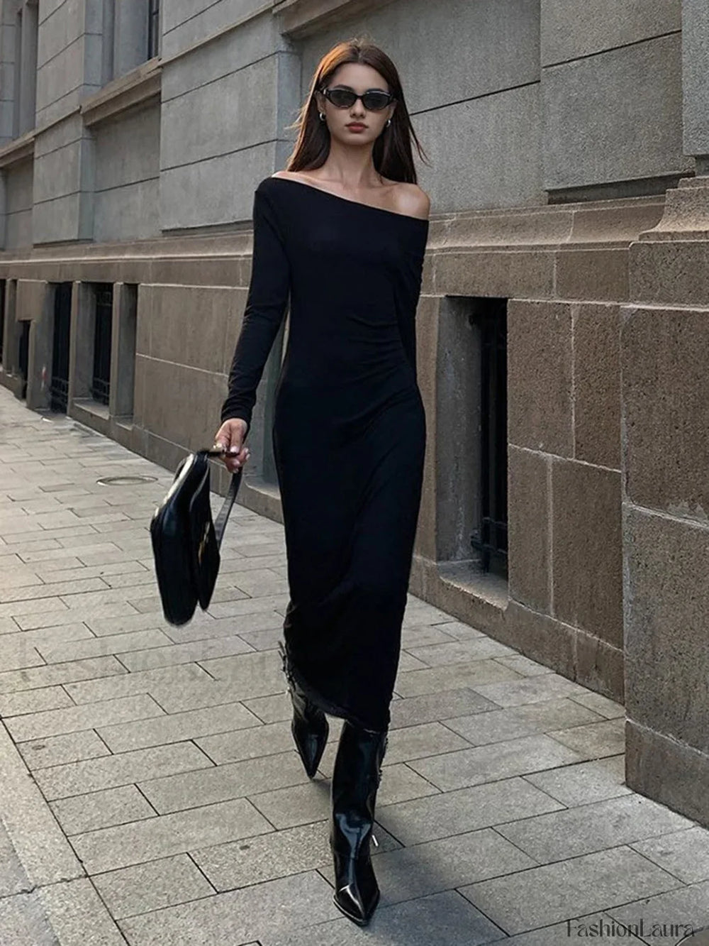 Off Shoulder Ribbed Long Modern Sleeve Knit Long Dress Black / XS Dresses