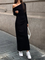 Off Shoulder Ribbed Long Modern Sleeve Knit Long Dress Dresses