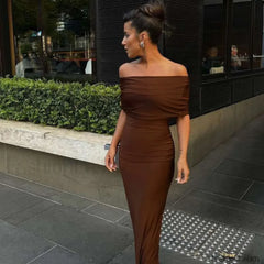 Off Shoulder Ruched Maxi Dress Brown / S