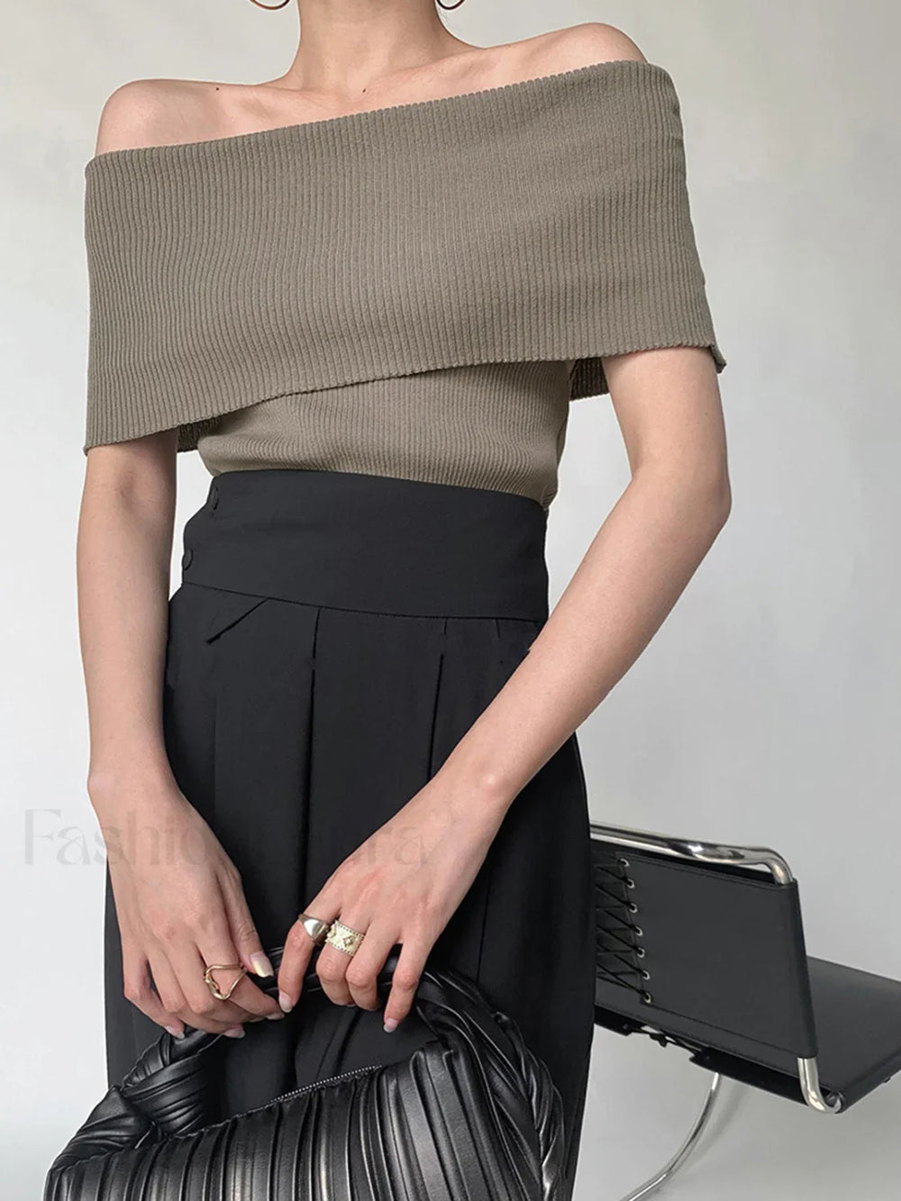 Off Shoulder Stretch Graceful Knit Top Sweaters L