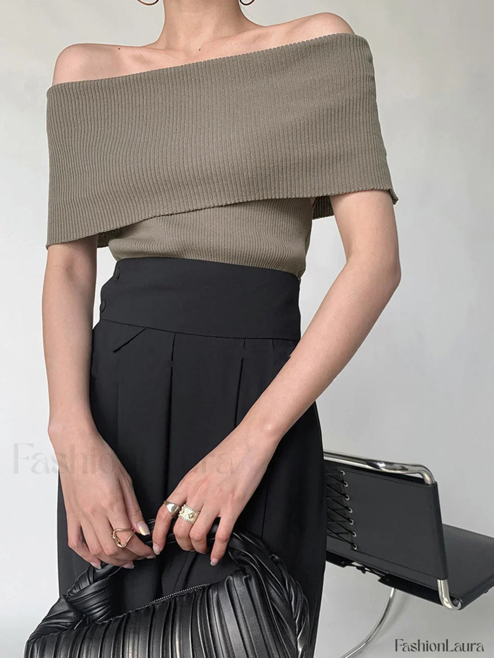 Off Shoulder Stretch Graceful Knit Top Sweaters L