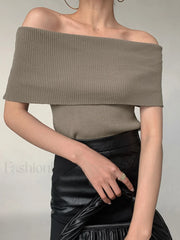Off Shoulder Stretch Graceful Knit Top Sweaters L