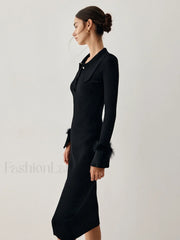 Open Collar Fuzzy Hem Modern Long Sleeve Midi Sweater Dress Sweaters L