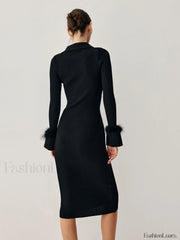 Open Collar Fuzzy Hem Modern Long Sleeve Midi Sweater Dress Sweaters L