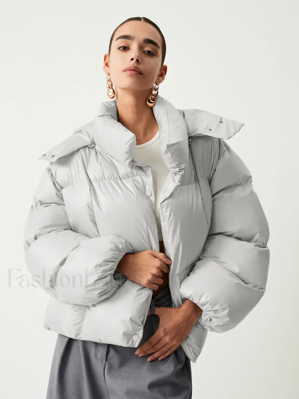 Open Collar Quilted Trendy Hooded Puffer Coat Down Coats