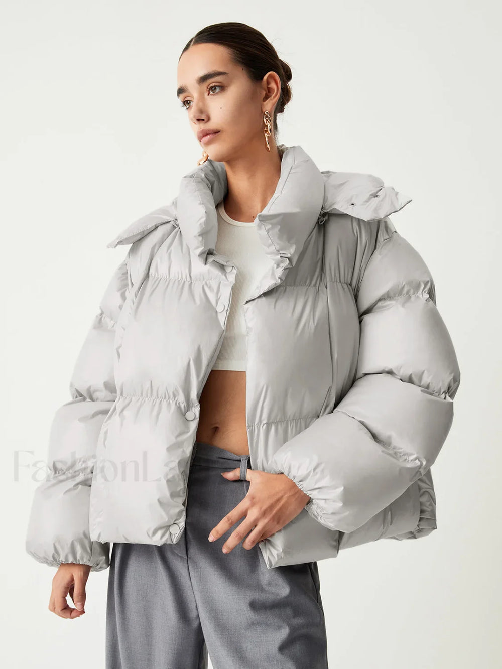 Open Collar Quilted Trendy Hooded Puffer Coat Down Coats