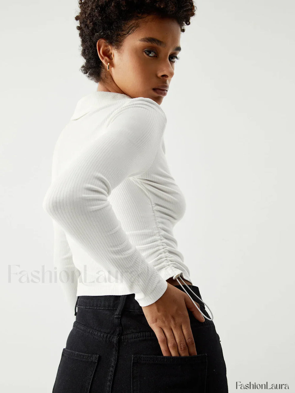 Open Collar Ruched Trendy Long Sleeve Shirt T Shirts