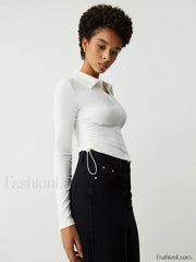 Open Collar Ruched Trendy Long Sleeve Shirt T Shirts