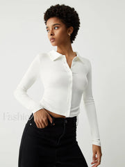 Open Collar Ruched Trendy Long Sleeve Shirt White / S T Shirts