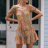 Orange Puff Sleeve Mini Boho Dress