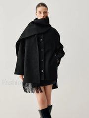 Oversized Button down Wool Coat Modern with Matching Fringed Scarf Black / XS Wool Coats