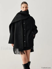 Oversized Button down Wool Coat Modern with Matching Fringed Scarf Black / XS Wool Coats