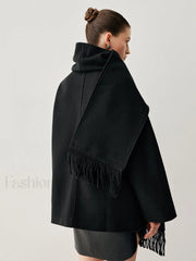 Oversized Button down Wool Coat Modern with Matching Fringed Scarf Wool Coats