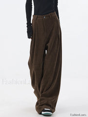 Oversized Corduroy Pleated Trendy Wide Leg Pants Brown / XS Pants