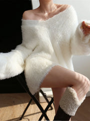 Oversized Fuzzy Graceful V neck Sweater Sweaters L