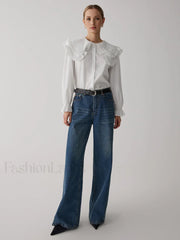 Oversized Lace Collar Trendy Button Ruffle Shirt White / M Shirts