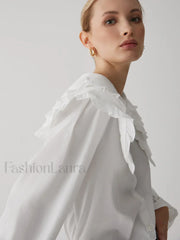 Oversized Lace Collar Trendy Button Ruffle Shirt White / L Shirts
