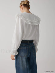 Oversized Lace Collar Trendy Button Ruffle Shirt White / XL Shirts