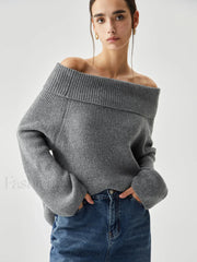 Oversized Overfold Off Trendy Shoulder Knit Sweater Grey / XS Sweaters L