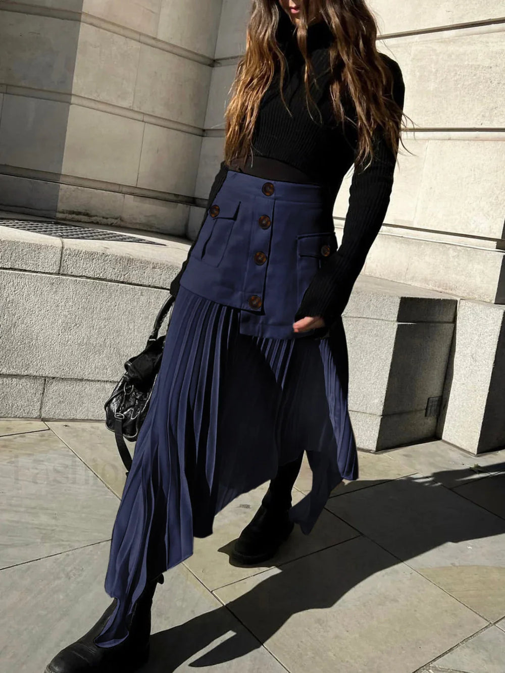 Patchwork Asymmetrical Pleated Trendy Buttoned Midi Skirt Navy / XS Skirts
