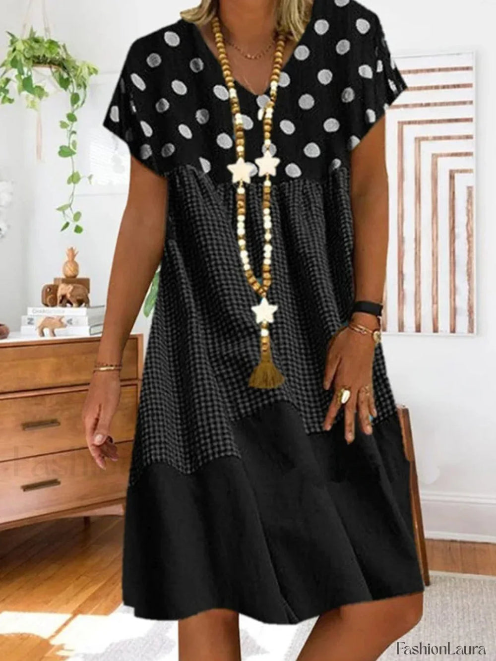 Patchwork Checkered Print Midi Dress Black / S Midi Dresses