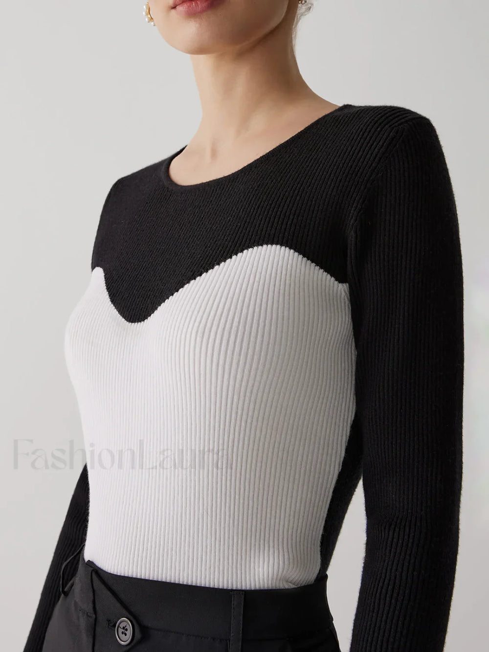 Patchwork Contrast Graceful Crew Neck Sweater Sweaters L