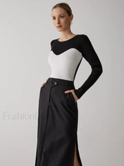 Patchwork Contrast Graceful Crew Neck Sweater Sweaters L