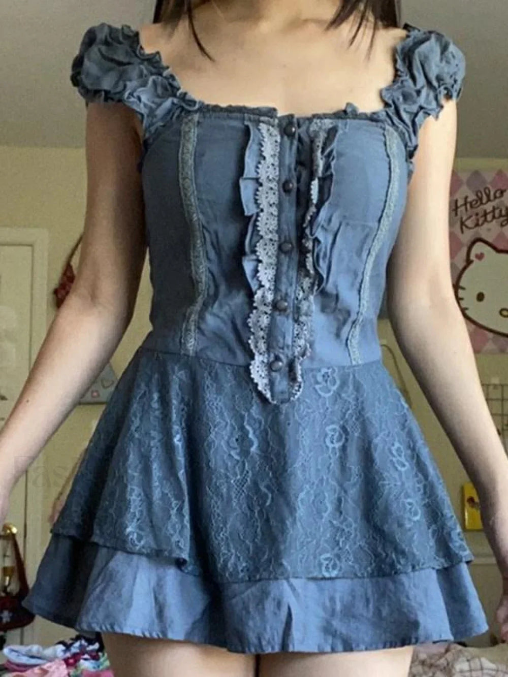 Patchwork Lace Tiered Strap Mini Dress Blue / S Mini Dresses